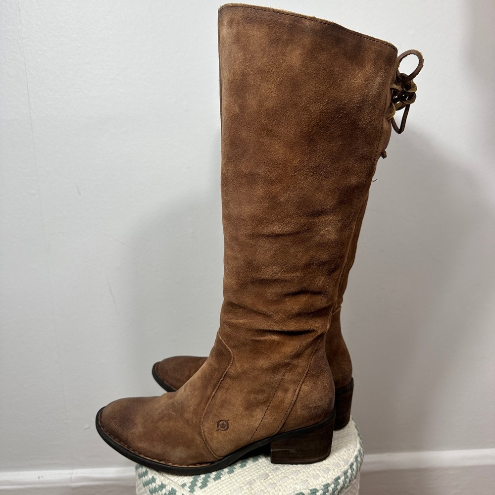 Born Felicia Leather Knee High Boots Brown Distressed Suede Lace Back Women 9.5 - Picture 6 of 16